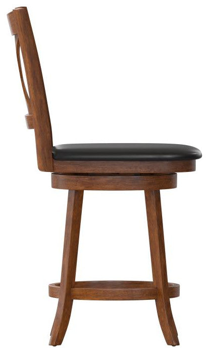 Felicity Wood Crossback Swivel Counter Height Barstool with Upholstered Seat, Black Vinyl/Antique Oak Frame