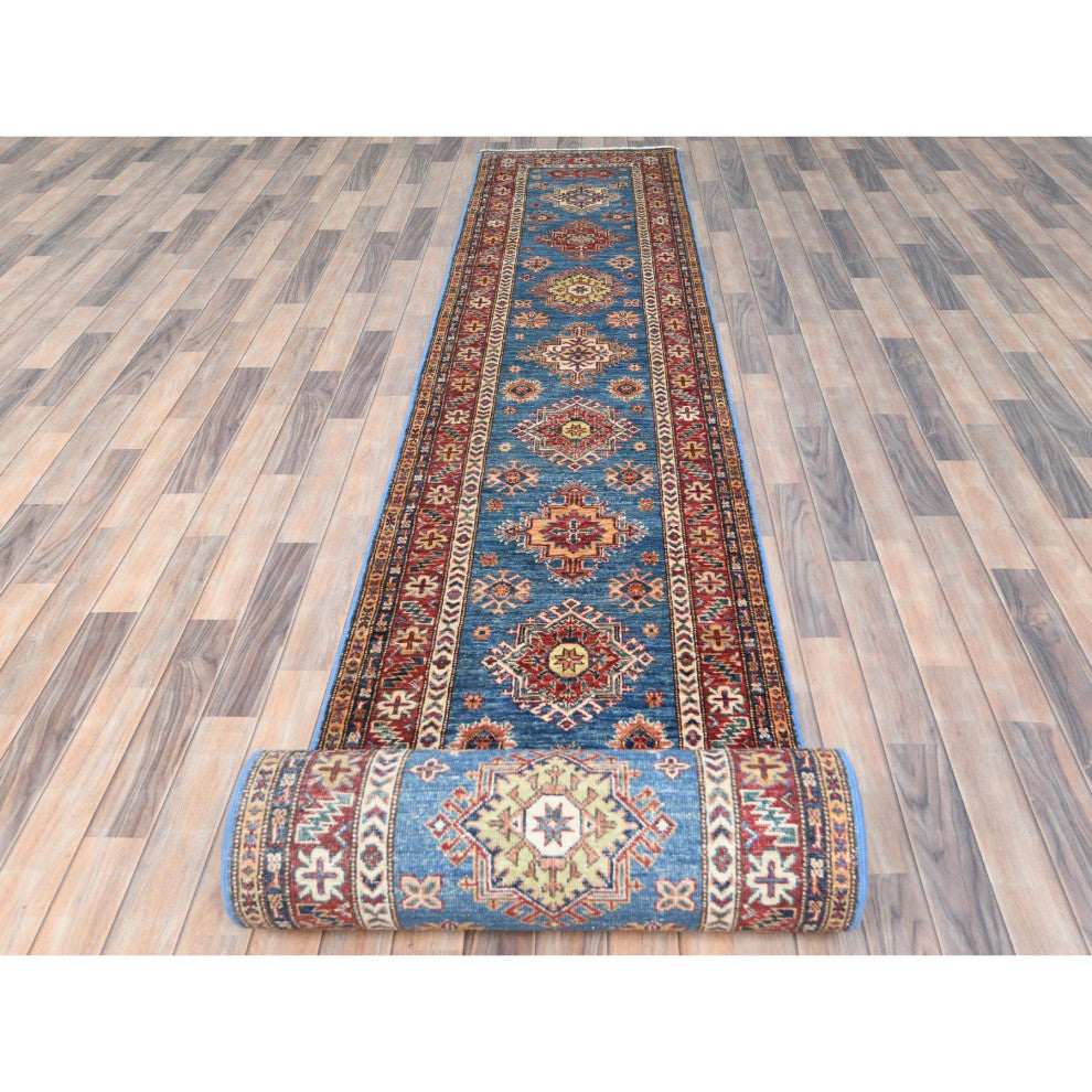 Denim Blue Soft Wool Hand Knotted Afghan Super Kazak XL Runner Rug, 2'7"x34'0"