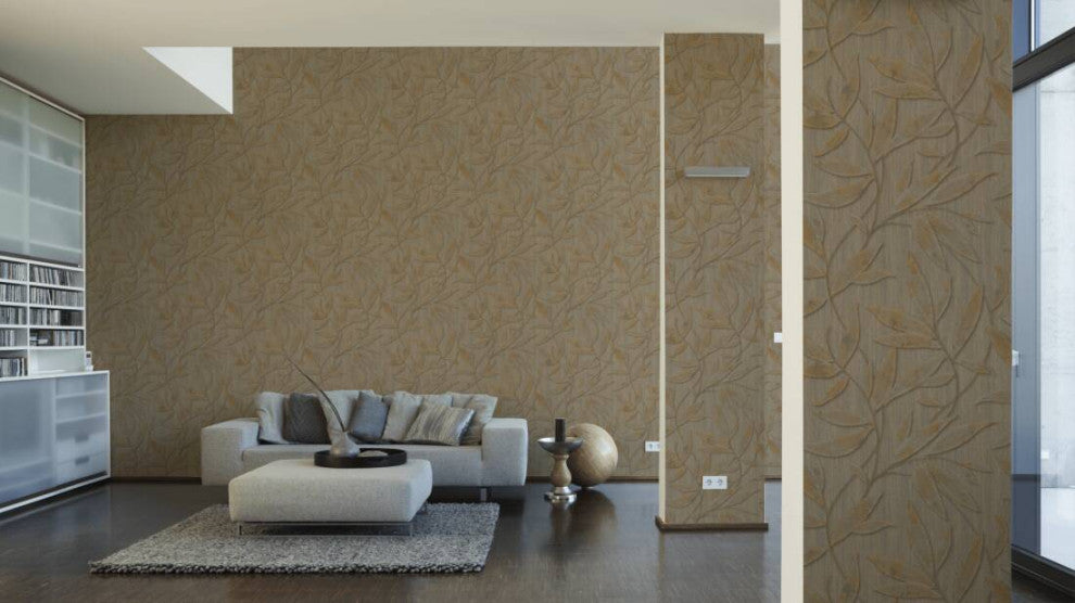 Floral Textured Wallpaper Leaves and Branches, 328805, Brown Gold, Sample