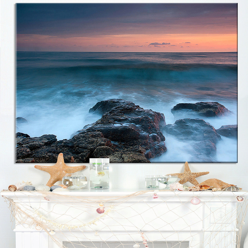 "Rocky Beach and White Waves" Seashore Canvas Print, 32"x16"