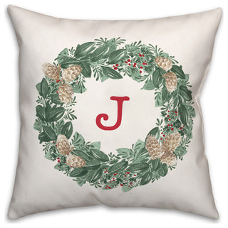 Christmas Wreath Monogram J 18x18 Spun Poly Pillow