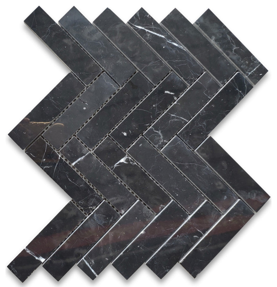Nero Marquina Black Marble 1x4 Herringbone Mosaic Tile Polished, 1 sheet