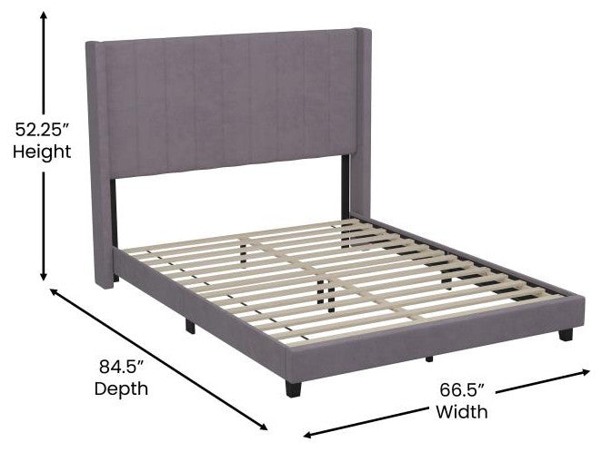Bianca Upholstered Platform Bed w/Vertical Stitched Wingback Headboard, Gray Velvet, Queen