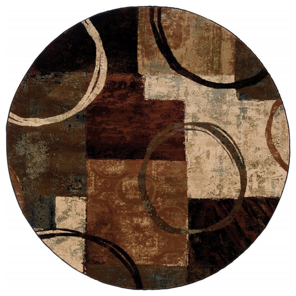 8??Round Brown And Black Abstract Geometric Area Rug
