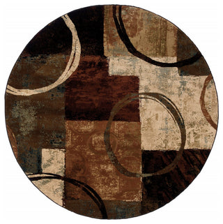 8??Round Brown And Black Abstract Geometric Area Rug