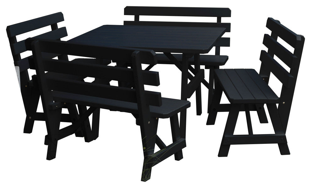 Pine 43" Square Table with Backed Benches, Black