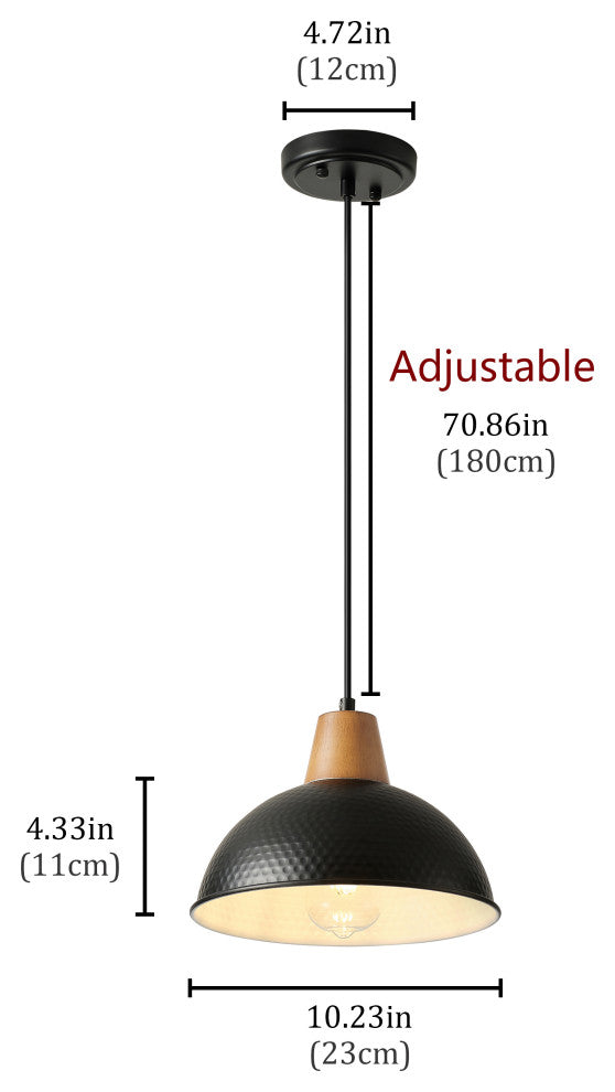 Industrial Farmhouse Pendant Light With Metal Shade and Wood Grain Design, Black