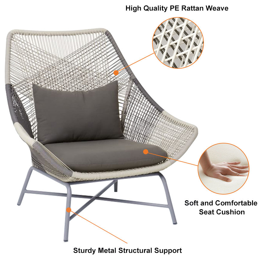 Outdoor PE Rattan Patio Chair Armchair With Cushion Pillow, Set of 2