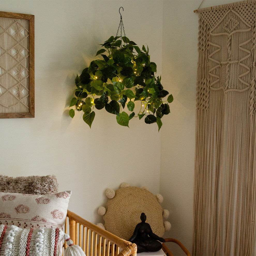 24in. Prelit UV Resistant Artificial Philodendron, White Hanging Basket