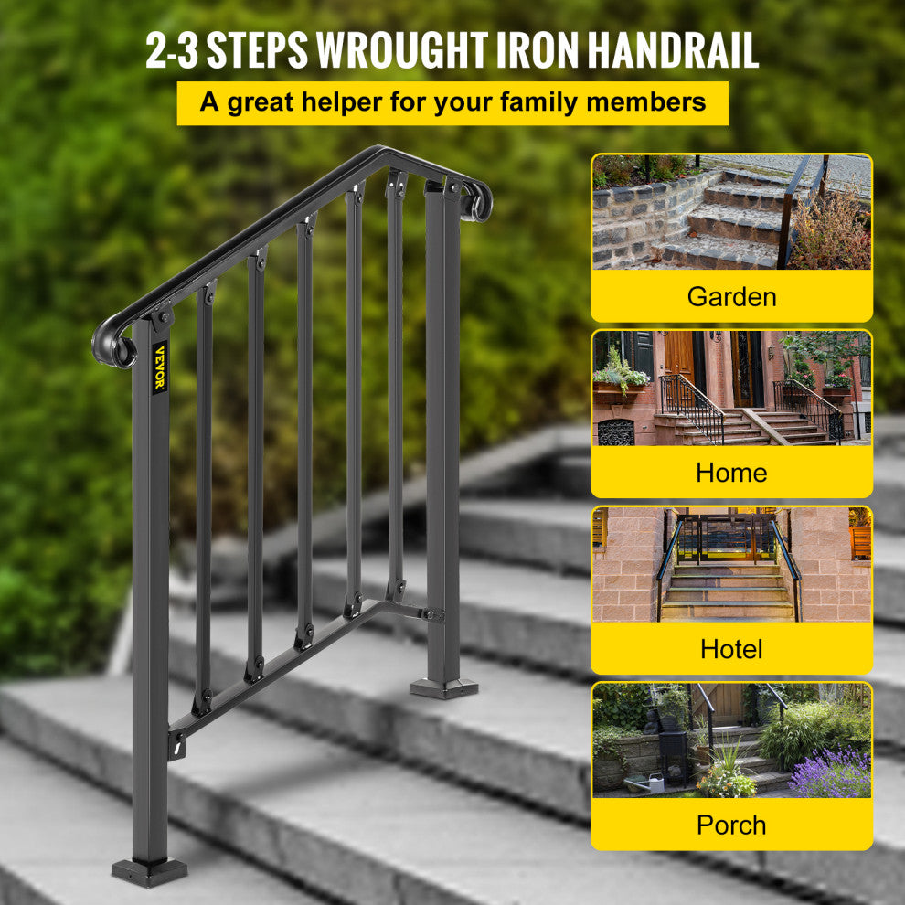 Wrought Iron Handrail Outdoor Stair Rail with Installation Kit, Black, Fit 2-3 Steps
