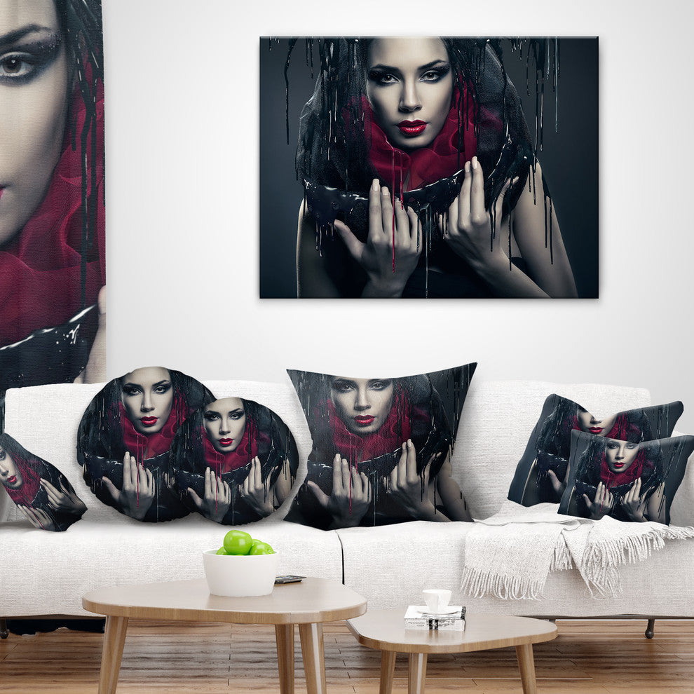 Passionate Woman in Black Portrait Throw Pillow, 16"x16"