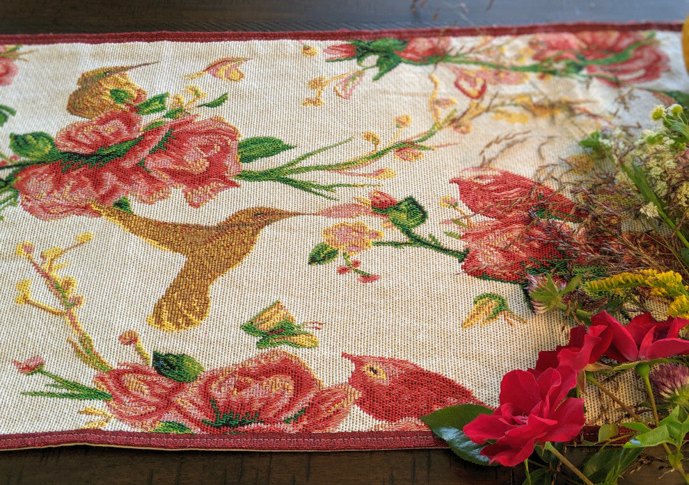 Seasonal Floral Woven Tapestry Table Runners, White Floral, 13x72