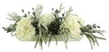 Evergreen Holiday Centerpiece with Berries, Cream Hydrangea Arrangement