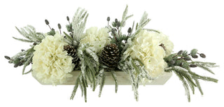 Evergreen Holiday Centerpiece with Berries, Cream Hydrangea Arrangement