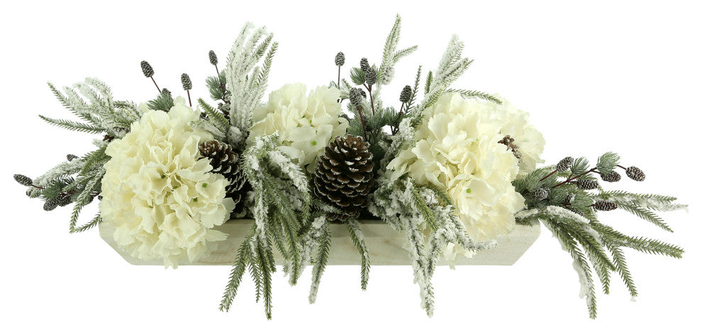 Evergreen Holiday Centerpiece with Berries, Cream Hydrangea Arrangement