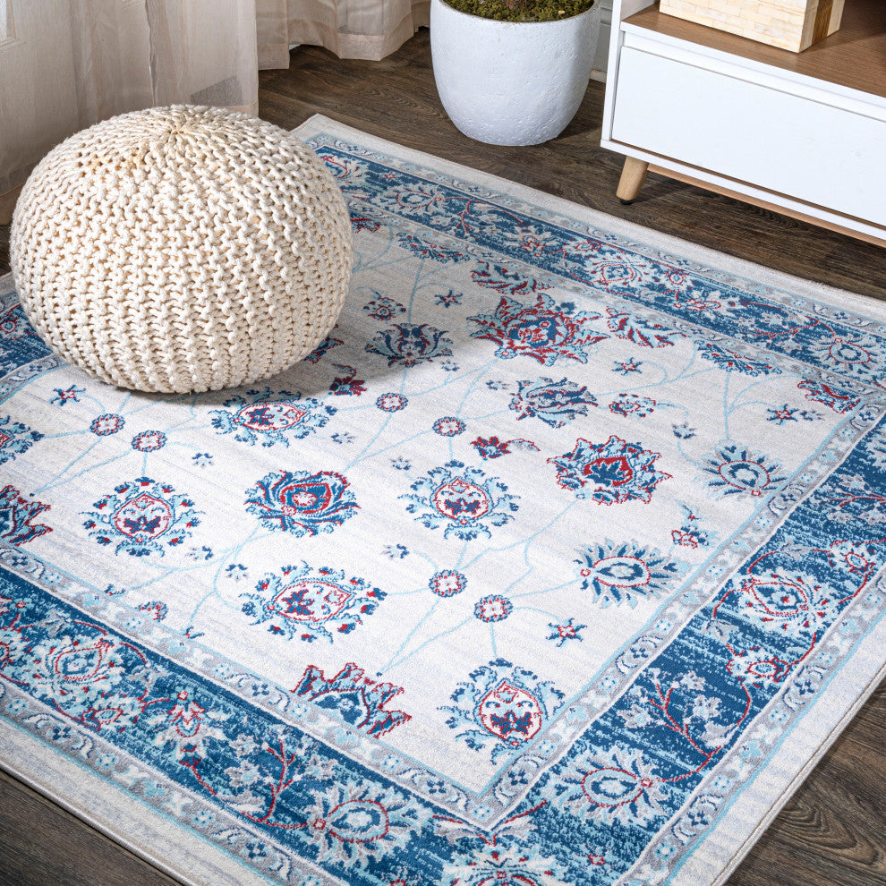Modern Persian Moroccan Blue/Ivory/Red 6' Square Area Rug