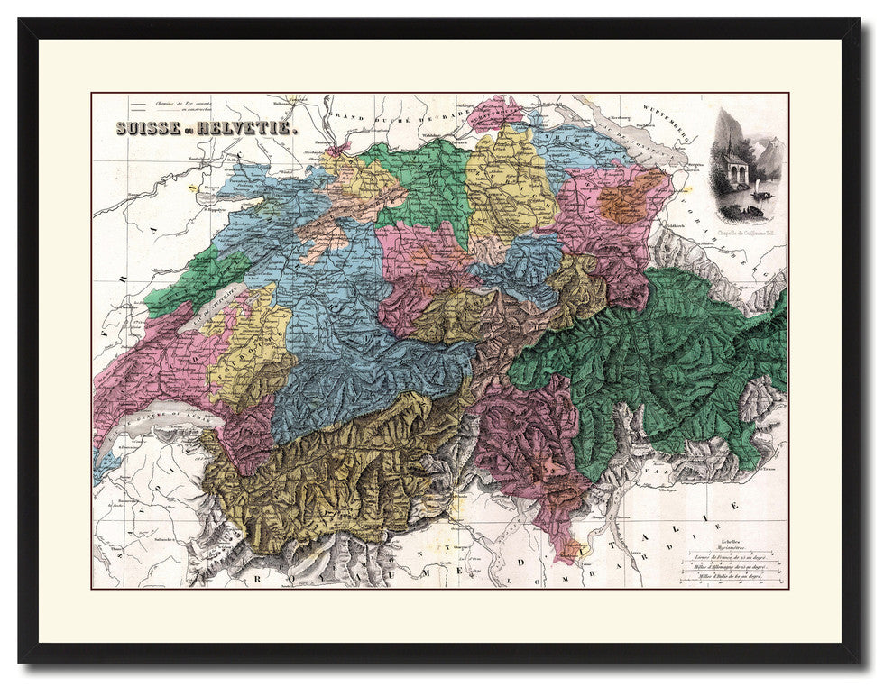 Switzerland Vintage Antique Map Wall Art, 28"x37"
