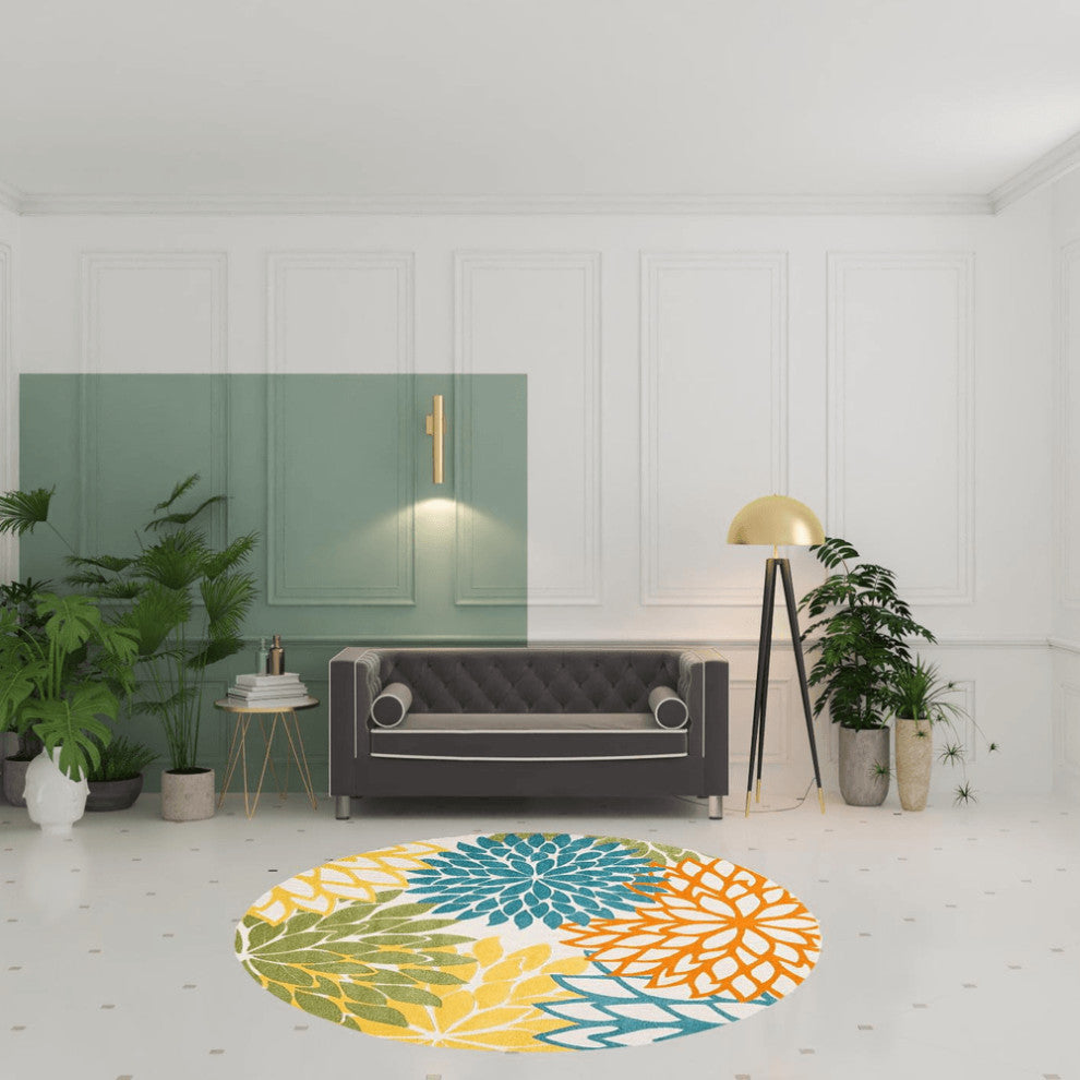 8' X 8' Turquoise Round Floral Non Skid Indoor Outdoor Area Rug