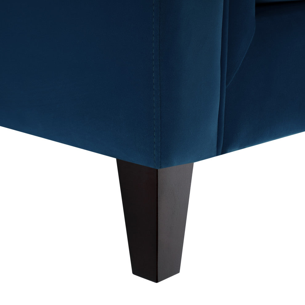 Branwen Velvet Button Tufted Sofa, Square Arms Tapered Leg, Navy