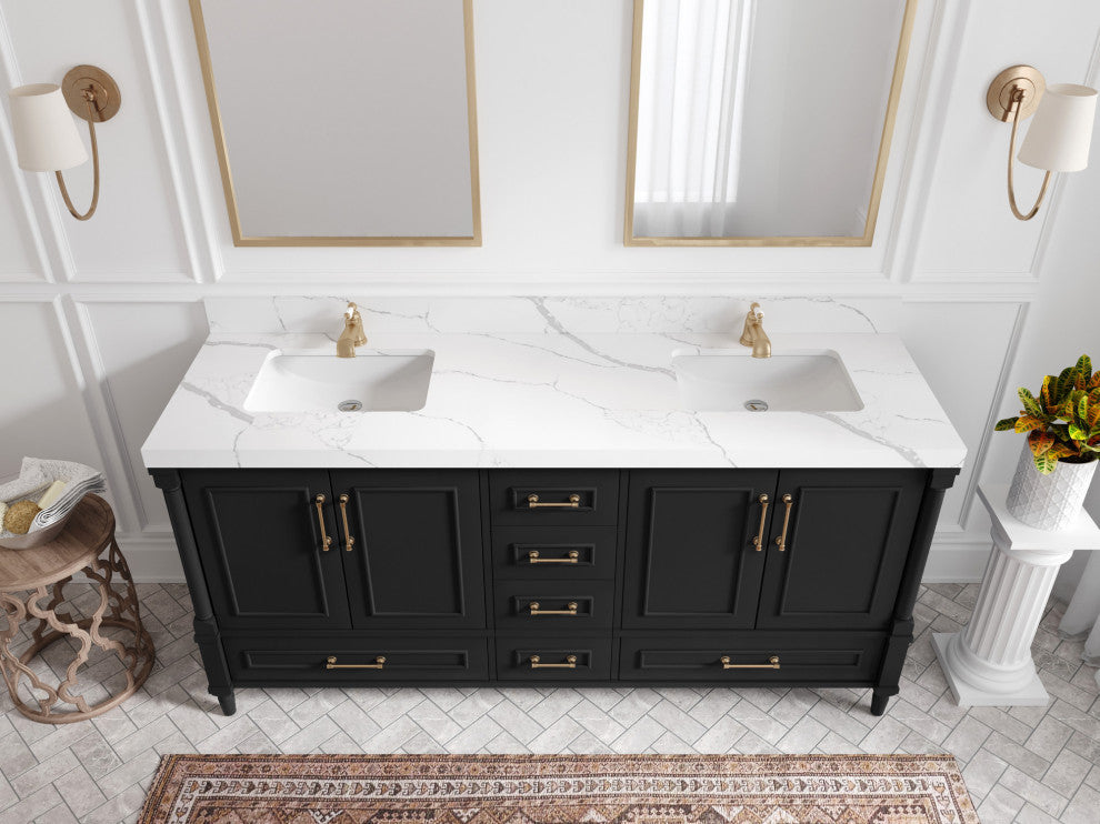Aberdeen 72 Double Sink Bath Vanity in Black 2" Calacatta Nuvo