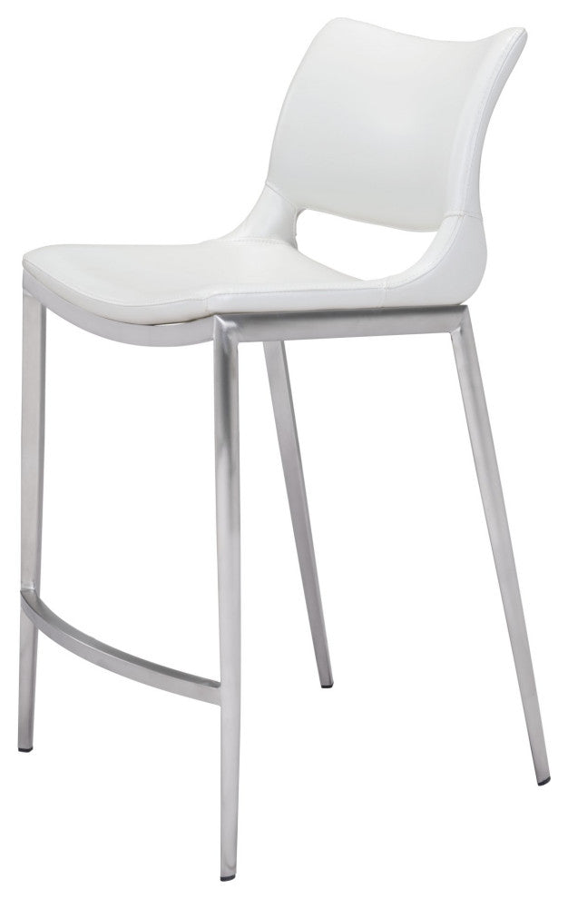 Counter Stool Chair, Set of 2, Faux Vinyl Leather, Steel, White, Silver, Cafe