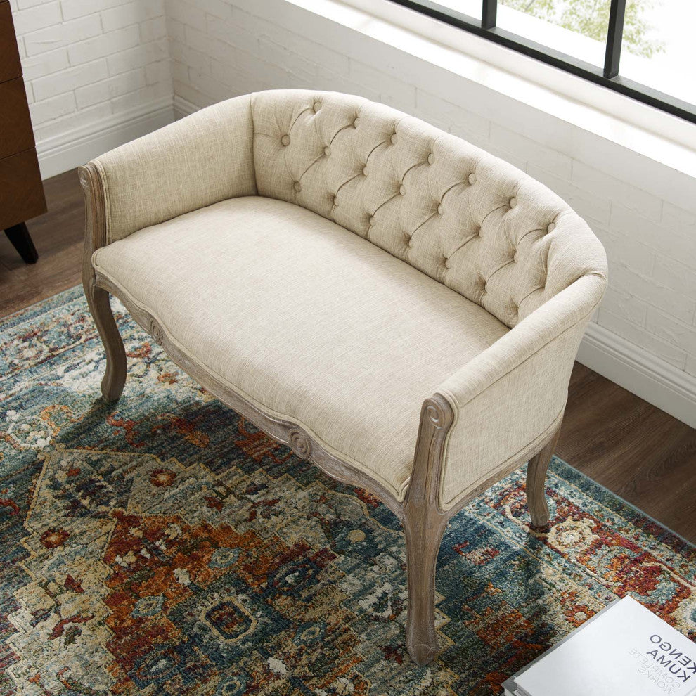French Vintage Loveseat Sofa, Fabric, Wood, Beige, Modern, Lounge Hospitality
