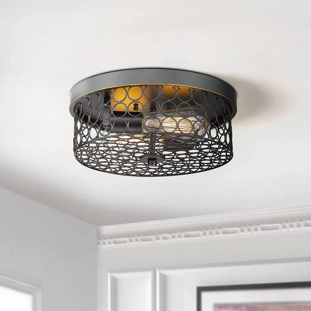 2 Light Rust Flush Mount Ceiling Light, Vintage, Black Mesh Cage