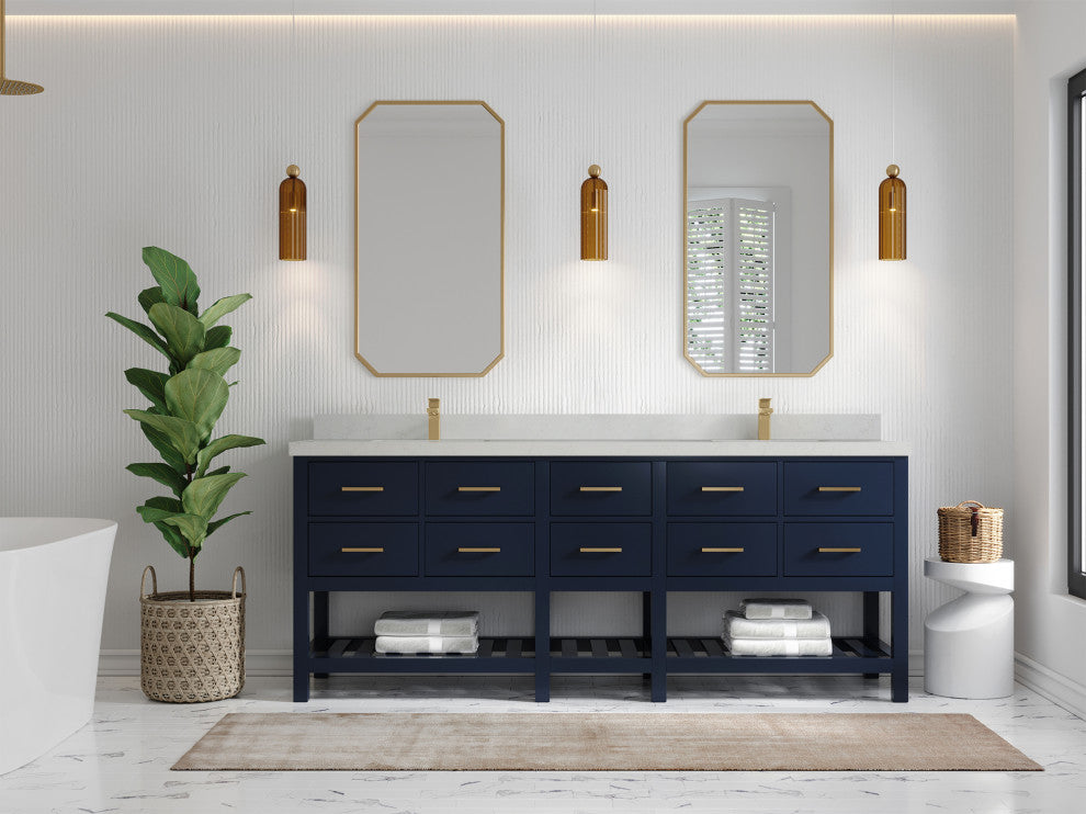 Parker 84 Double Sink Bath Vanity in Navy Blue  2" Carrara Quartz