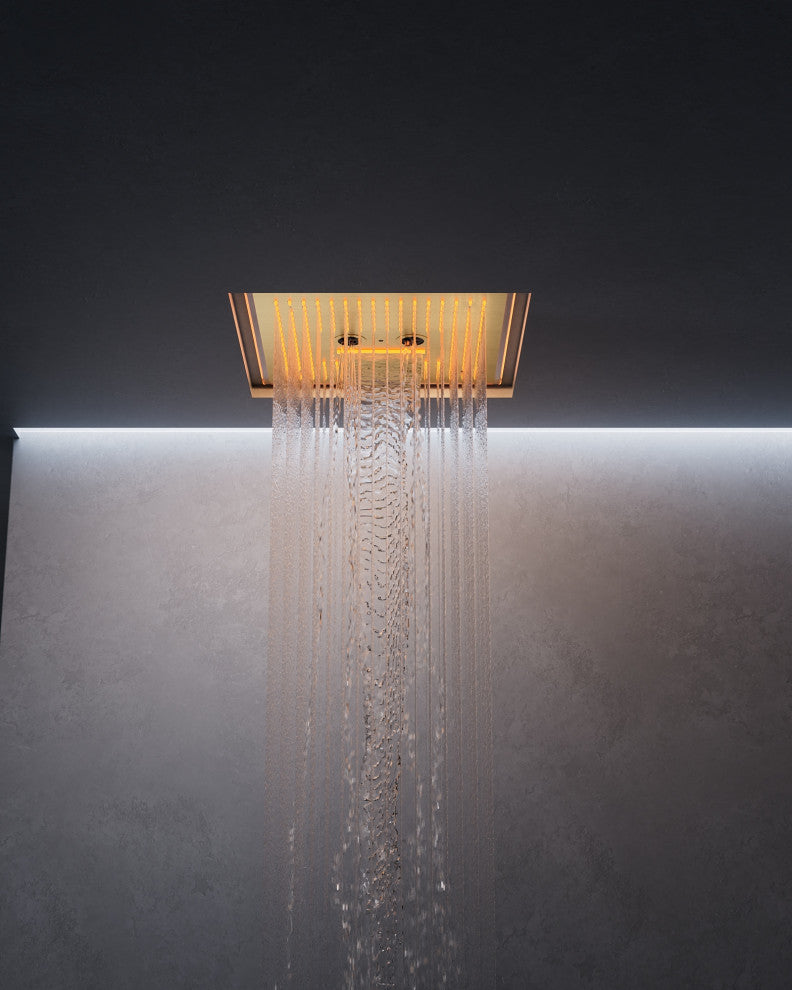 Music Shower System 16x6"Rainfall LED Shower Head With4 Way Thermostatic Faucet, Brushed Gold