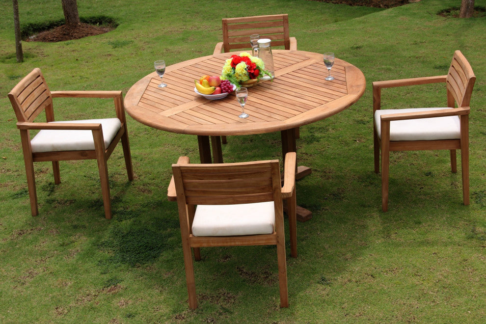 5-Piece Outdoor Teak Dining Set, 60" Round Table, 4 Montana Stacking Chairs