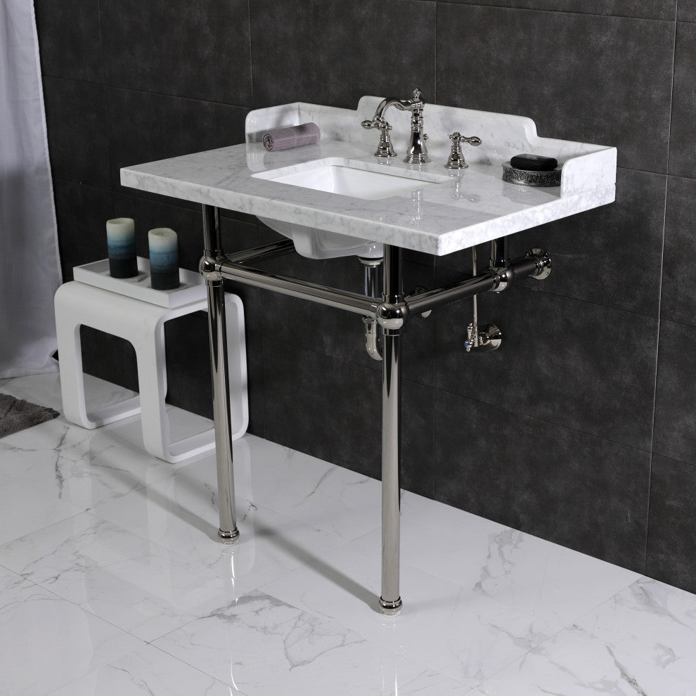 LMS36MBSQ6 36" Carrara Marble Console Sink with Brass Legs