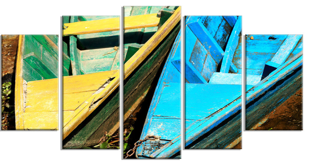 Wooden Boats on Lake Phewa, Boat Canvas Art Print, 60"x32", 5 Panels