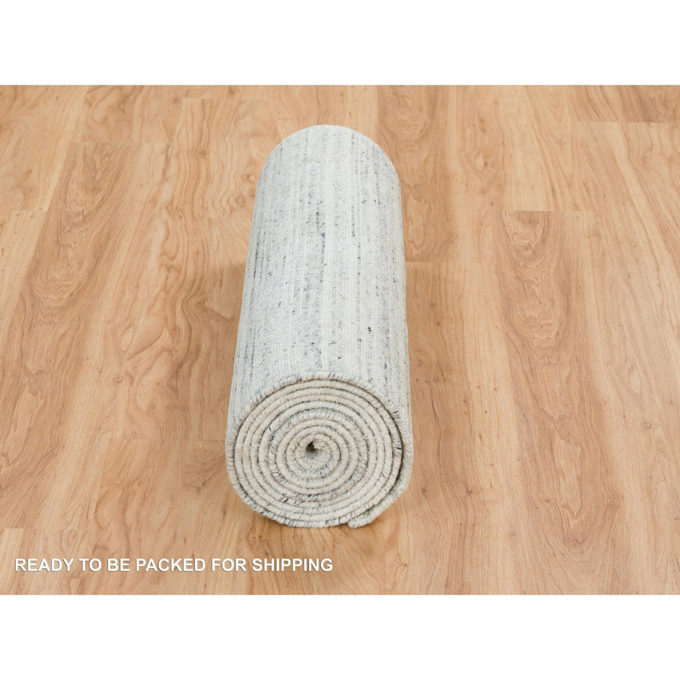 Ivory Plain Modern Striae Wool Hand Loomed Runner Oriental Rug, 2'8"x14'