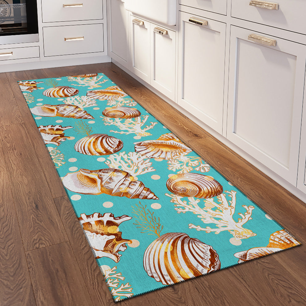 Indoor/Outdoor Seabreeze SZ6 Teal Machine Washable 2'3" x 7'6" Runner Rug
