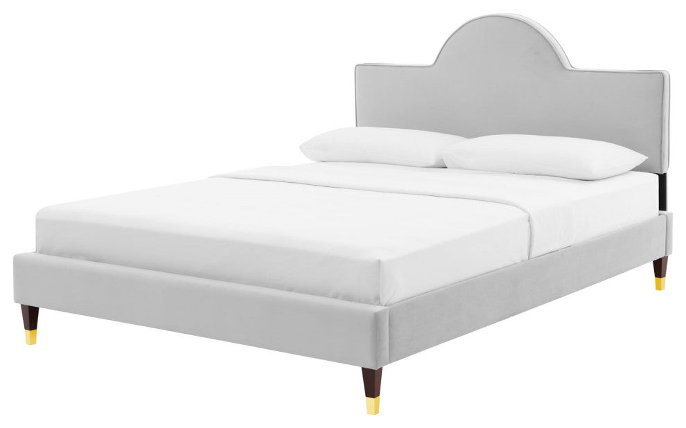 Platform Bed Frame, King Size, Gray, Velvet, Modern, Bedroom Guest Suite