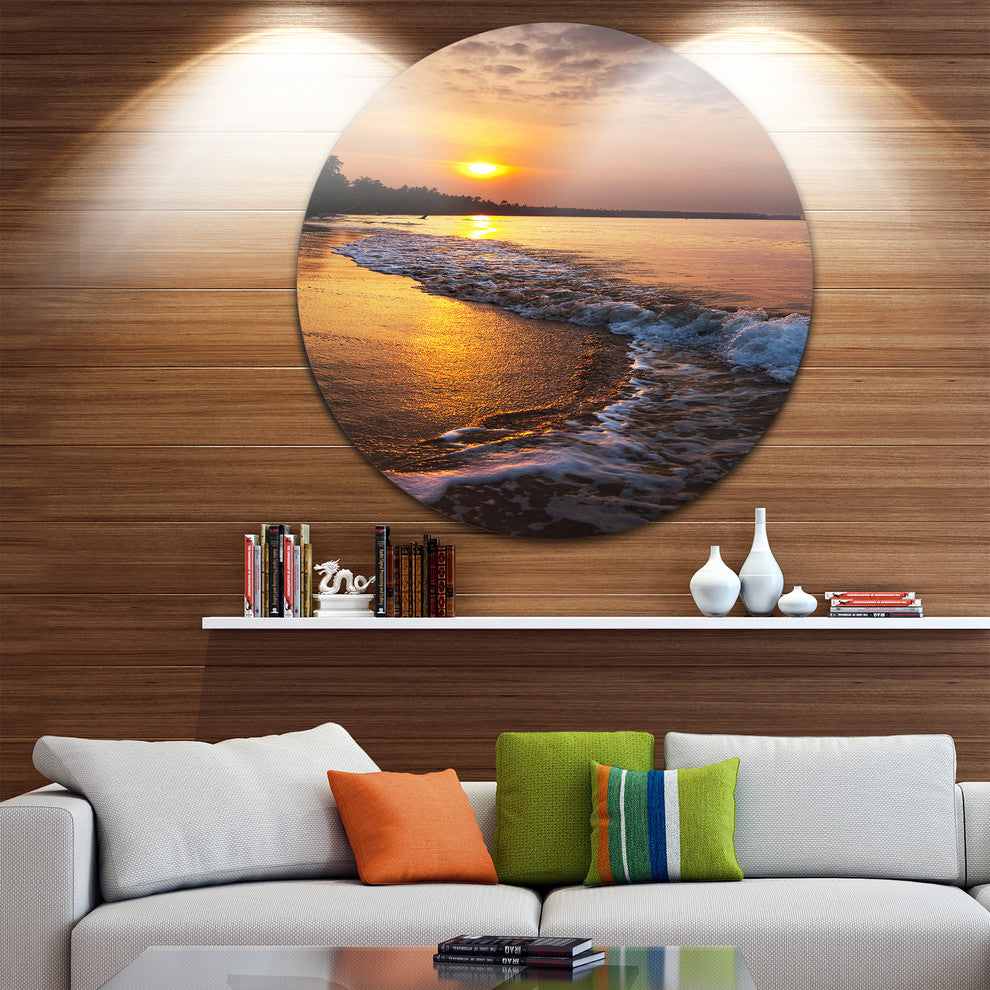 White Foaming Waves At Sunset, Modern Beach Round Wall Art, 11"