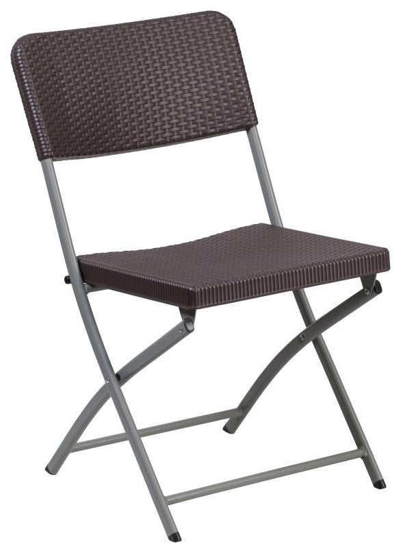 2 Pack HERCULES Series Brown Rattan Plastic Folding Chair with Gray Frame