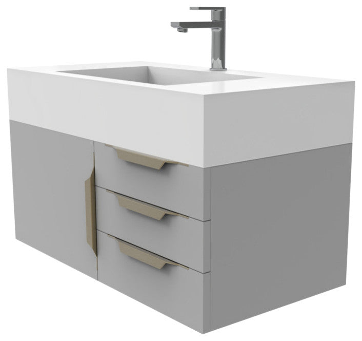CastelloUSA Nile 36" Wall Mounted Vanity Set, Gray, White Top, Gold Handles