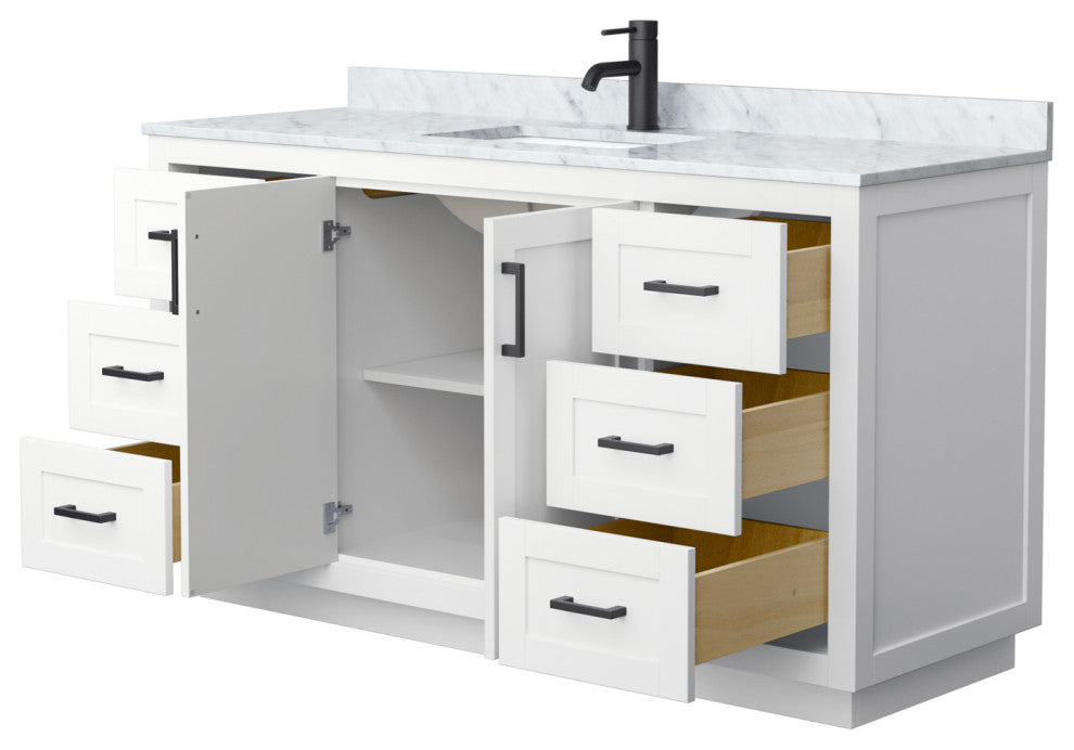 60" Single Bathroom Vanity, White, White Carrara Countertop, Sink, Black Trim