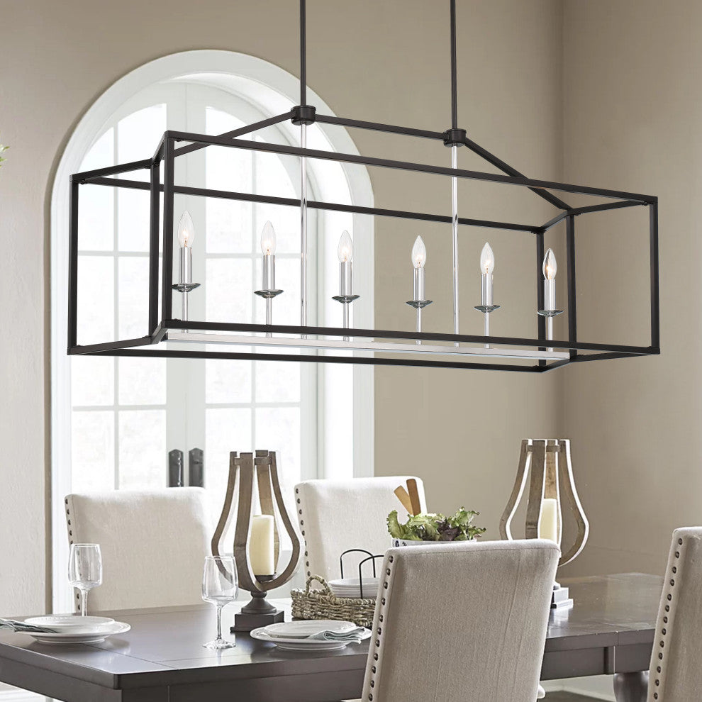 6 Light Kitchen Island Linear Pendant, Classic Black+chrome