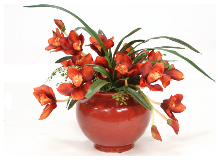 Rust Orchids with Maiden Hair Fern in Red Ceramic Planter