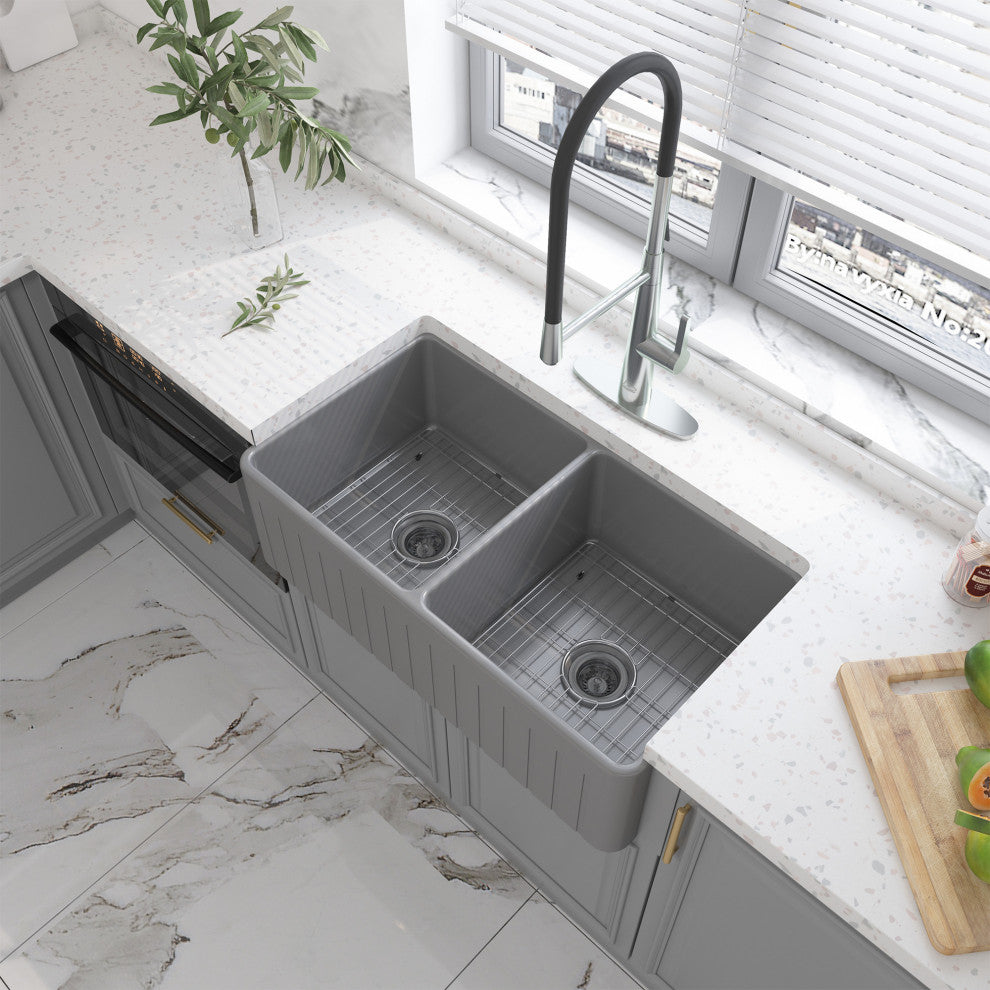 33in Double Bowl Fireclay Farmhouse Apron Kitchen Sink with Striped Design, Matte Gray