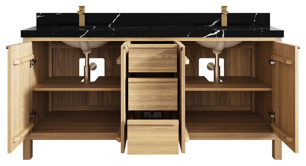Elizabeth Oak 72" Double Sink Vanity, White 2" Calacatta Black