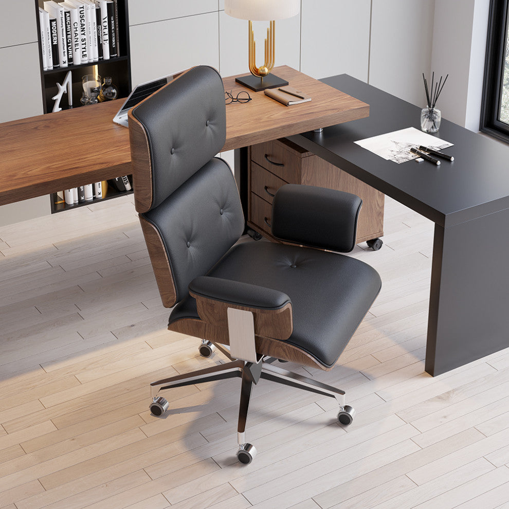 Black Home Office Chair Swivel Upholstered Wooden Desk Chair Adjustable Height, Black
