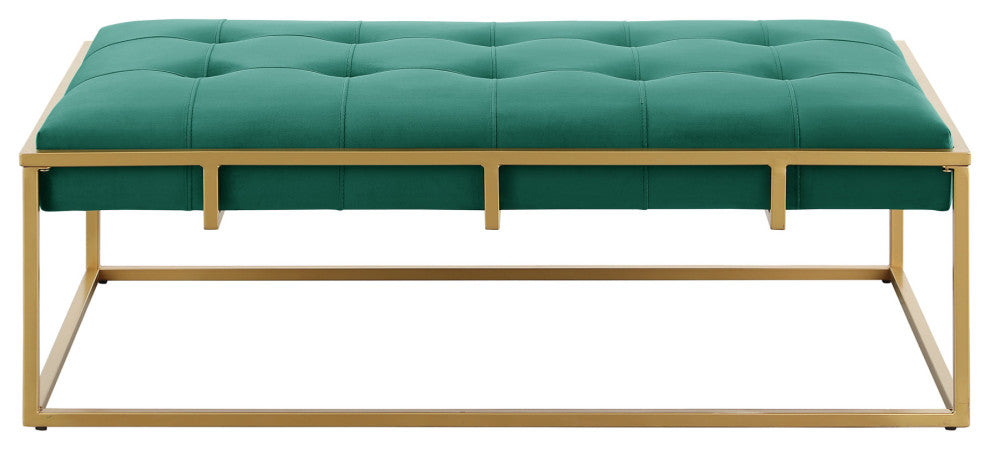 Anika Contemporary Velvet Tufted Rectangular Ottoman with Gold Base, Green