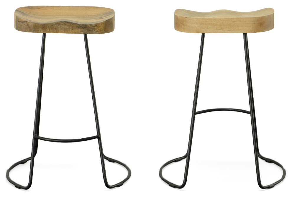 Stationary Solid Mango Wood Seat Tractor Stool, Natural/Black