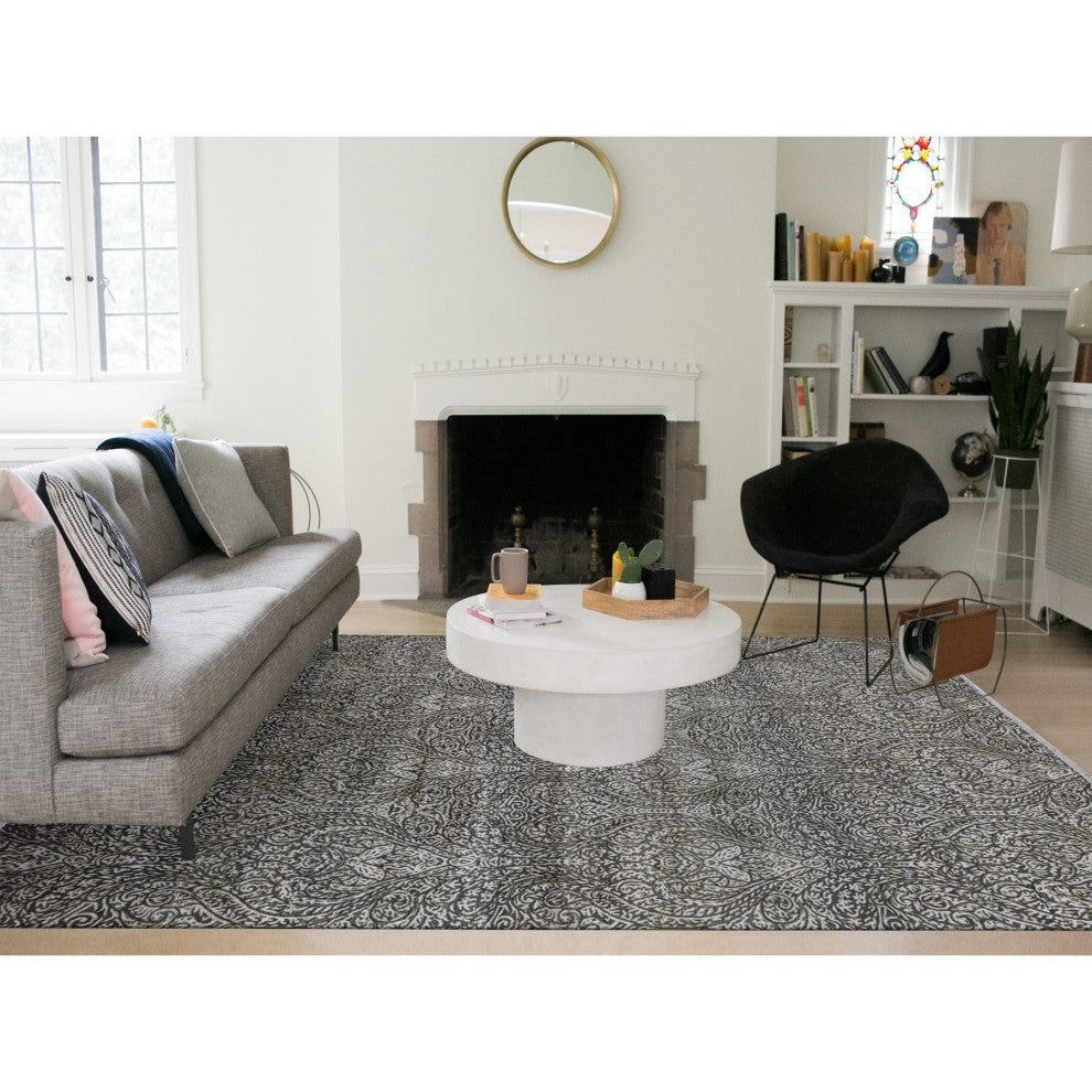 Jet Gray, Hand Knotted, Mughal Influence, Wool With Real Silk Rug, 8'8"x12'3"