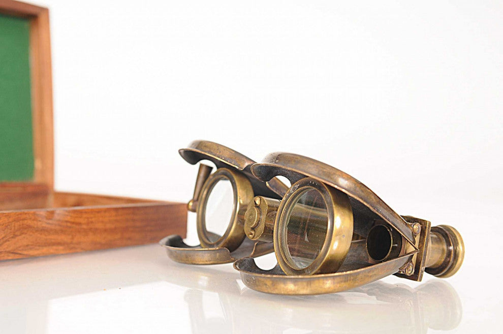 Brass Folding Pocket Binocular In Wood Storage Box