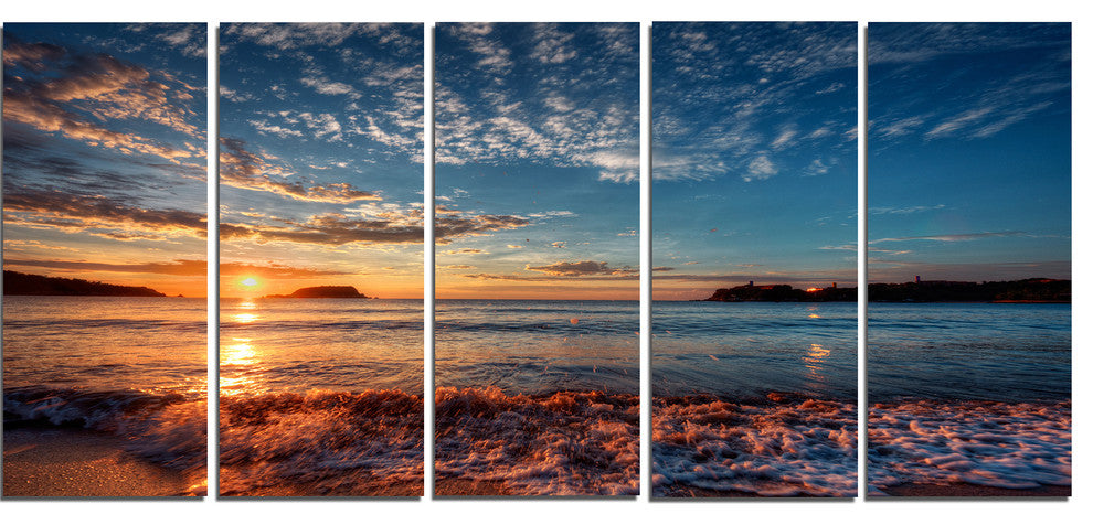 Tranquil Beach and Whimsical Clouds, Seashore Canvas Print, 60"x28", 5 Panels