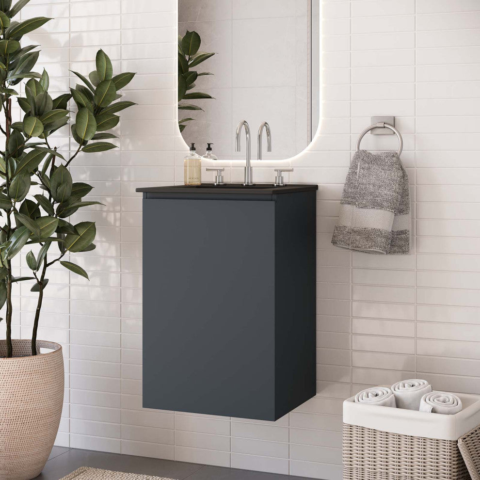 Sink Vanity Cabinet, Wall Mount, Gray Black, Ceramic, Modern, Bathroom